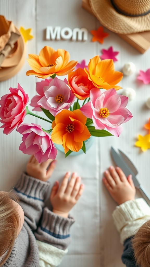Tissue paper flowers crafted by toddlers, with little hands working on colorful blooms.