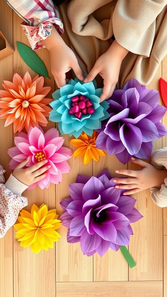 Children assembling colorful tissue paper flowers on a wooden table.