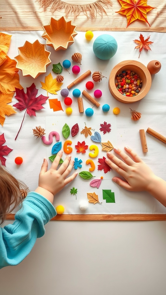 A colorful collage-making activity for toddlers with leaves, pom-poms, and craft supplies.