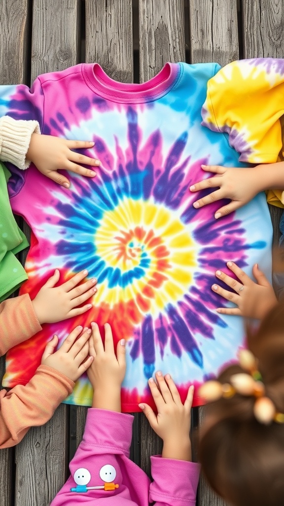A colorful tie-dye T-shirt surrounded by toddlers' hands, showcasing a fun craft activity.