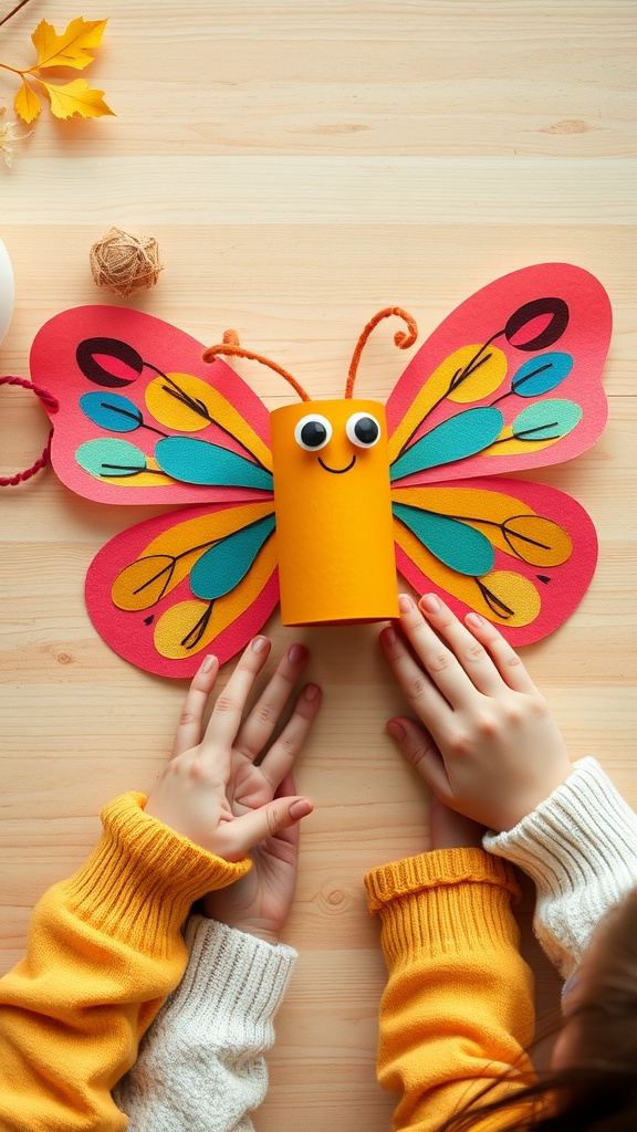 A colorful toilet paper roll butterfly craft with googly eyes, made by children.