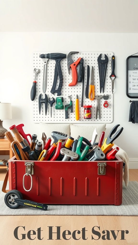 A red toolbox filled with various tools, with a pegboard of tools on the wall behind it.