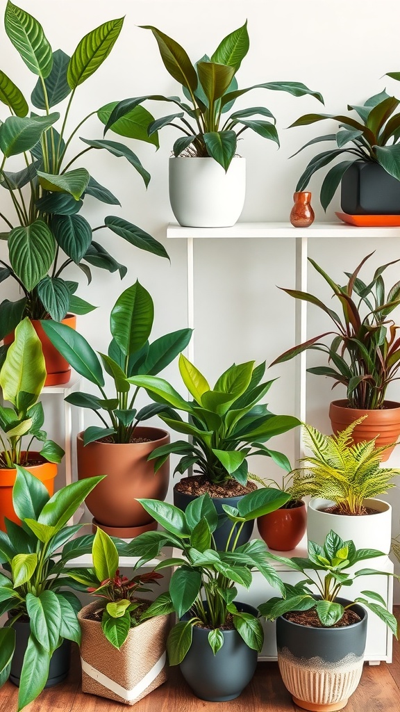 A collection of various houseplants in colorful pots displayed on a white shelf, highlighting their lush green leaves.
