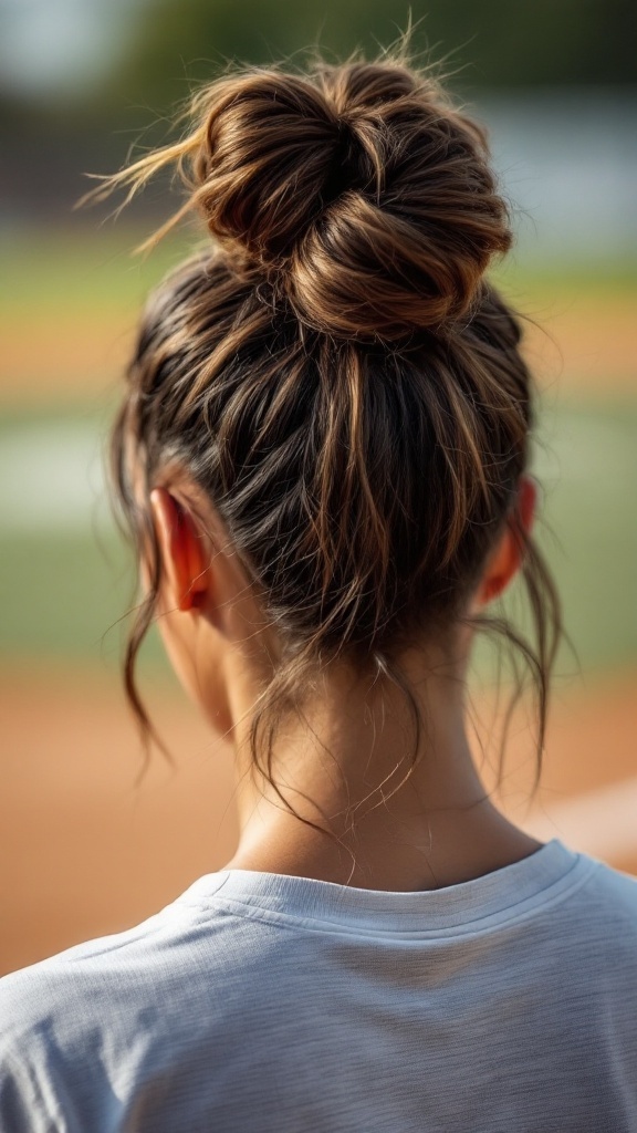 A player with a top knot hairstyle, viewed from the back, on a softball field.