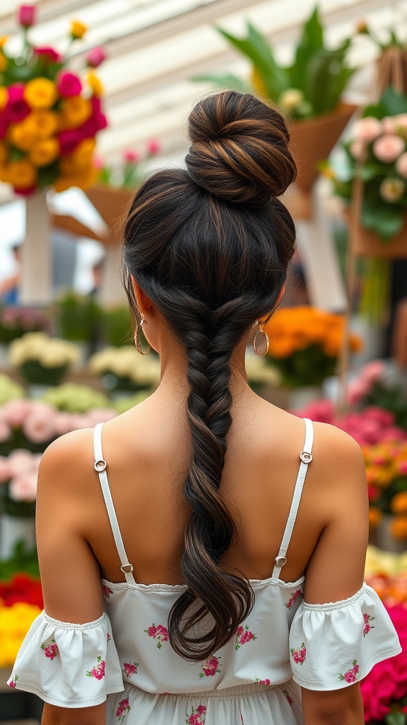 A woman with a top knot hairstyle and a casual floral dress, showcasing a braid down her back in a floral setting.