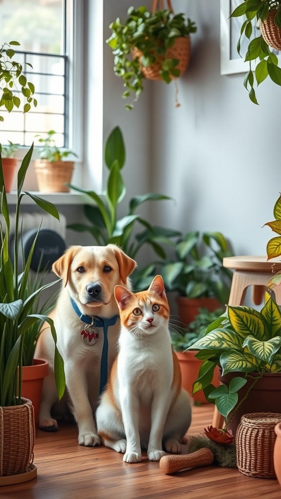 A dog and cat sitting together amidst various houseplants in a bright room.