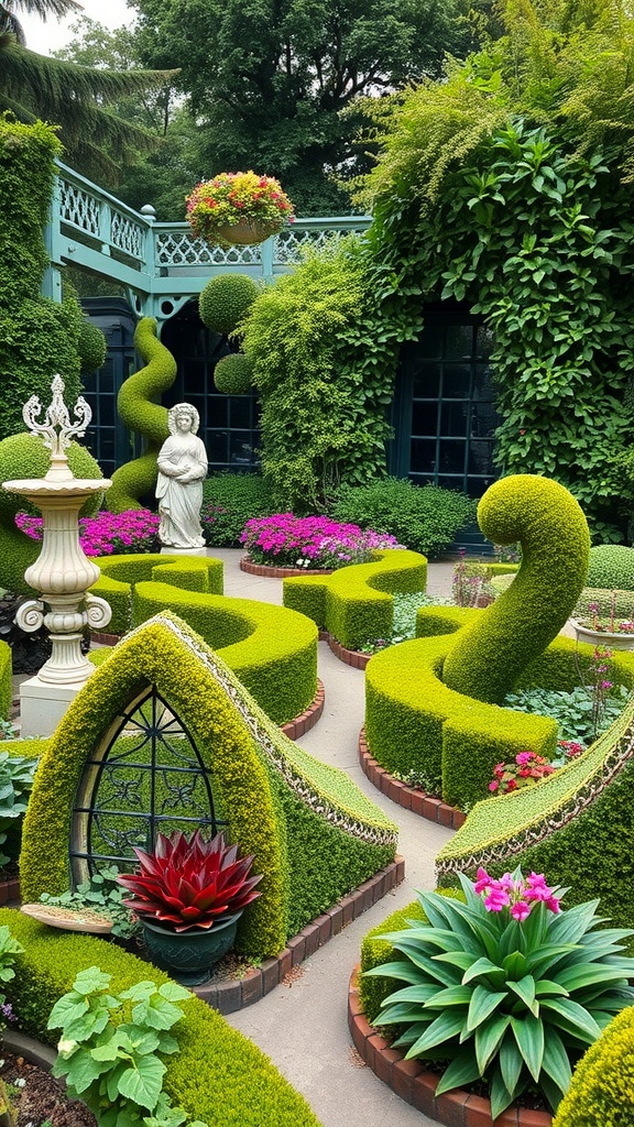 A beautifully arranged Victorian garden featuring intricate topiary shapes, a statue, and vibrant flowers.