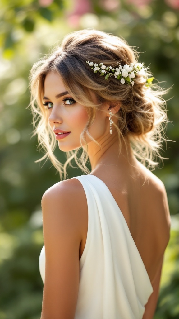 Bridesmaid hairstyle featuring tousled waves and a floral hairpiece, complementing a one-shoulder dress.