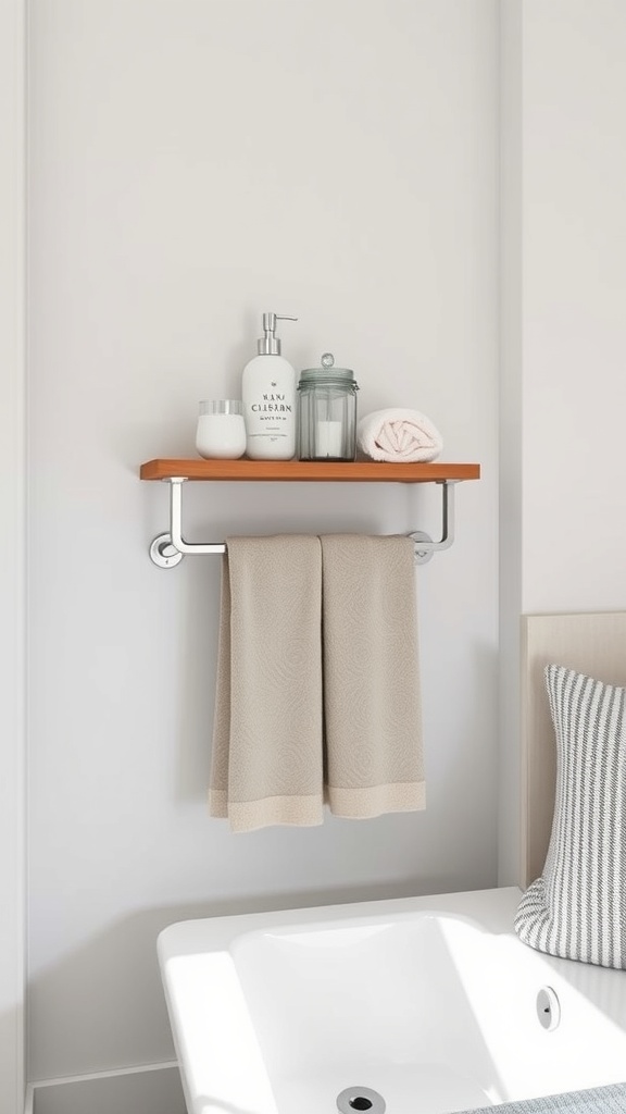 A towel bar with an integrated wooden shelf, featuring towels and bathroom essentials.