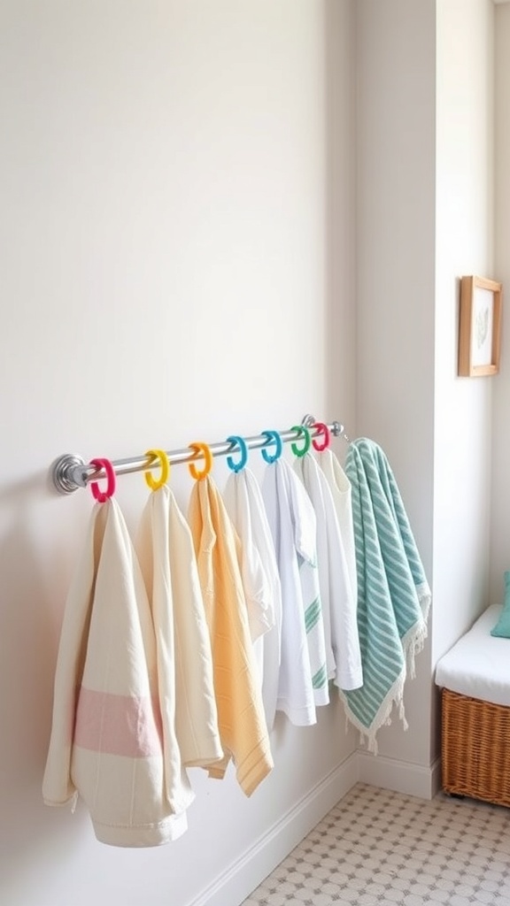Colorful towels hanging on a decorative rail with hooks in a bathroom.