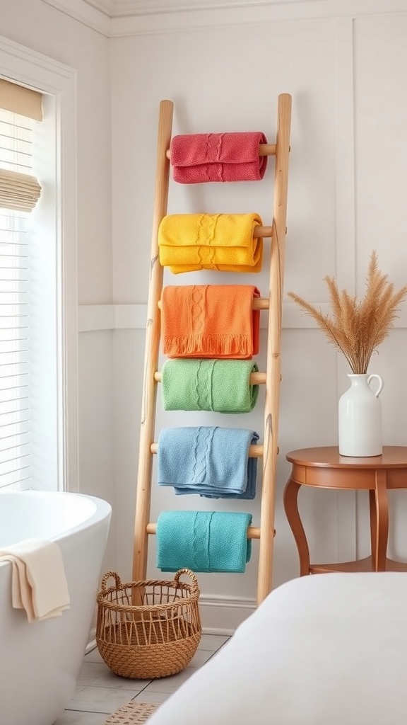 A wooden towel ladder displaying colorful rolled towels in a bright bathroom setting.