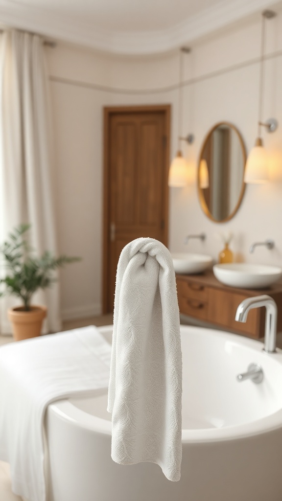 A white towel hanging on a towel ring in a stylish bathroom setting.