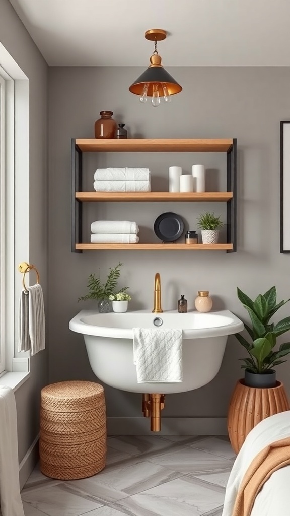 A modern bathroom featuring wooden shelves with neatly arranged towels, decorative items, and plants.