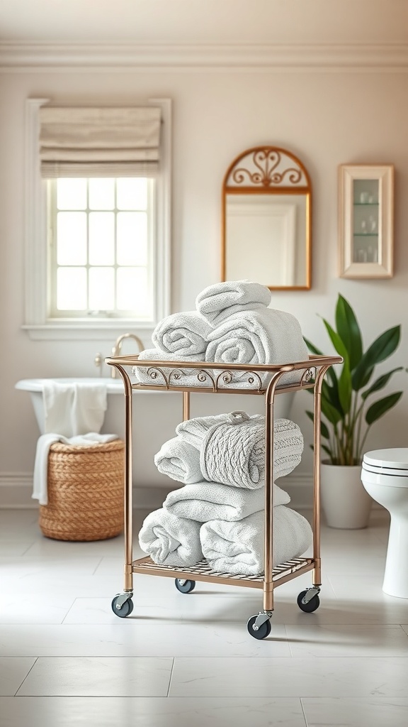 A stylish towel storage cart with neatly rolled white towels in a bright bathroom setting.