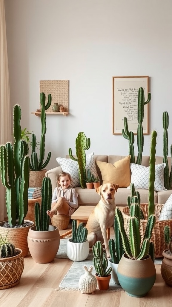 A cozy living room filled with various cacti, featuring a child and a dog.