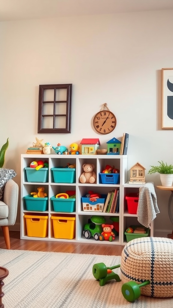 Colorful toy storage solutions with bins and a cozy pouf in a living room