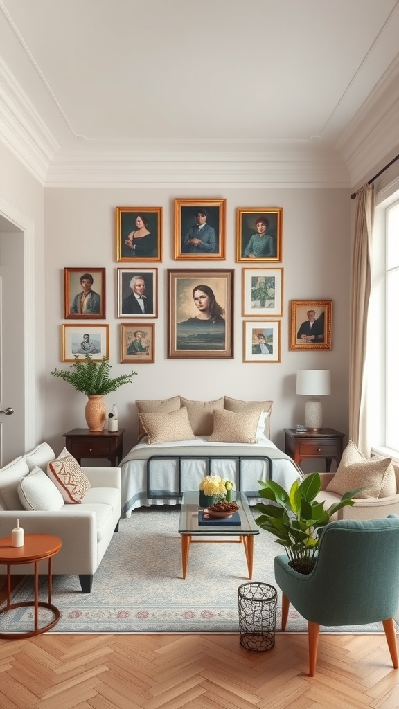 A traditional living room with framed portraits on the wall, featuring a cozy seating area and decorative plants.
