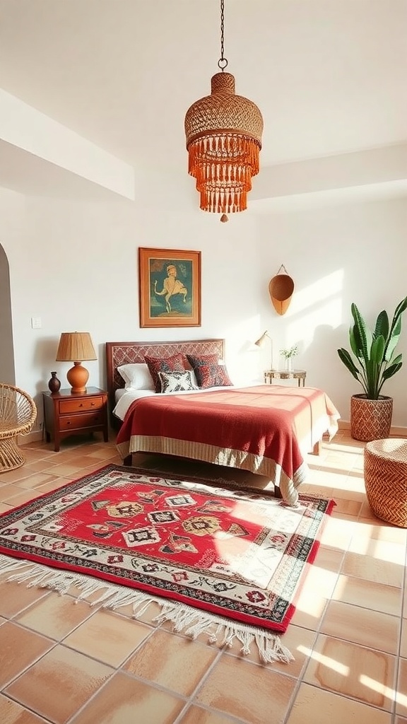 A Moroccan bedroom featuring a traditional Berber rug, wooden furniture, and warm lighting.