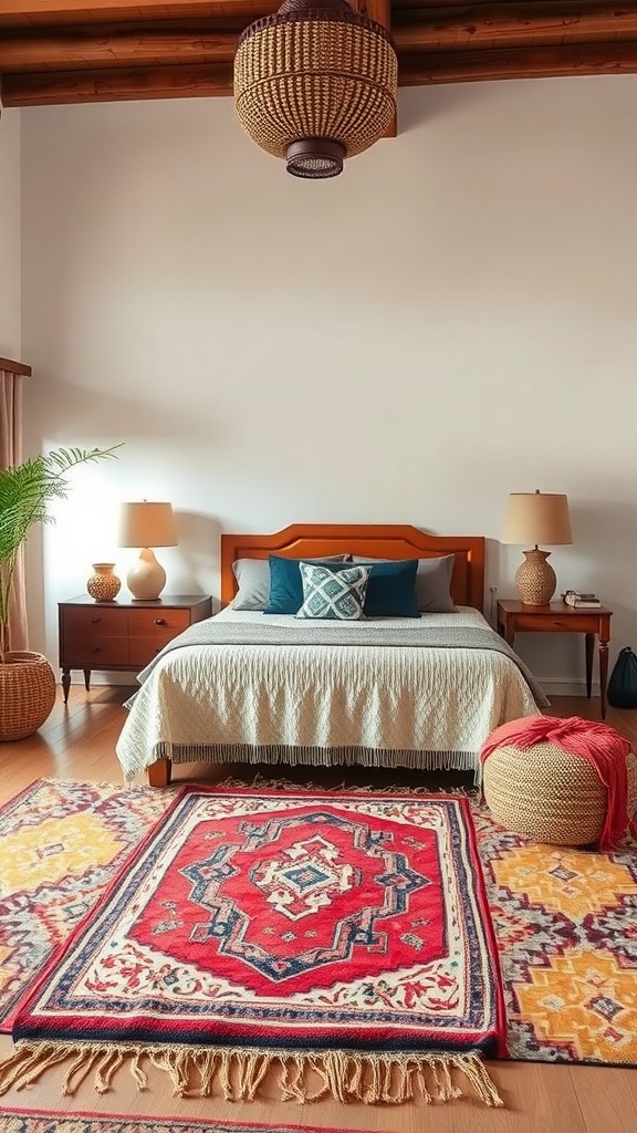 A beautifully decorated Moroccan bedroom featuring traditional Berber rugs, warm colors, and a cozy atmosphere.