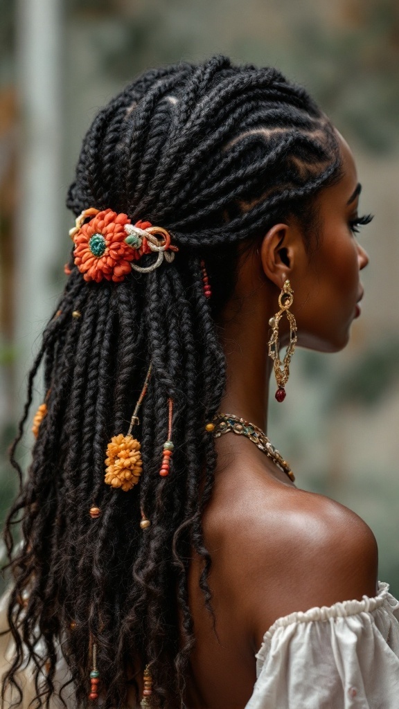 A woman with traditional braided curls adorned with colorful threads and flowers, showcasing a beautiful hairstyle for an Indian wedding.
