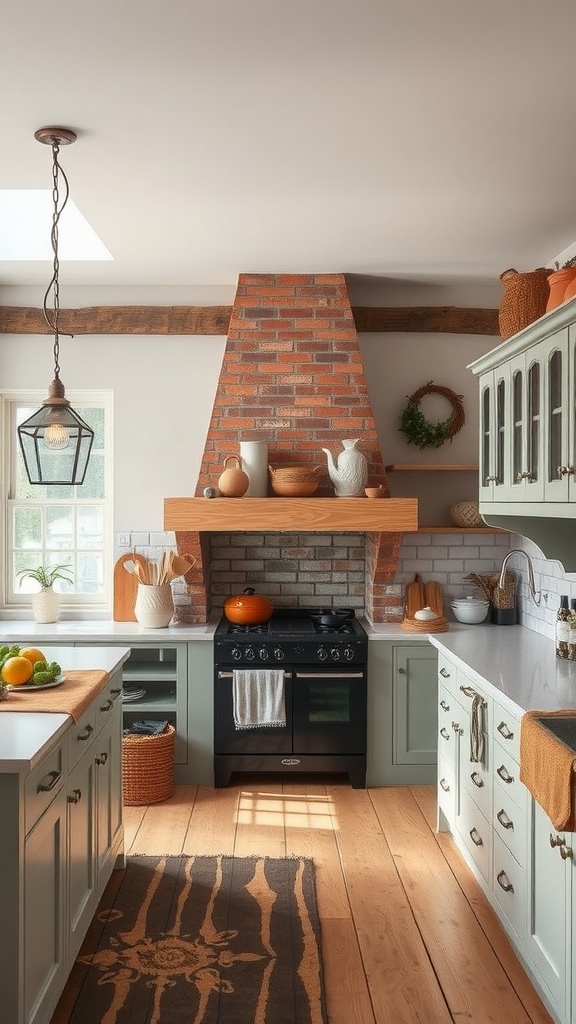 A cozy kitchen featuring a traditional brick chimney with modern cabinetry and rustic design elements.