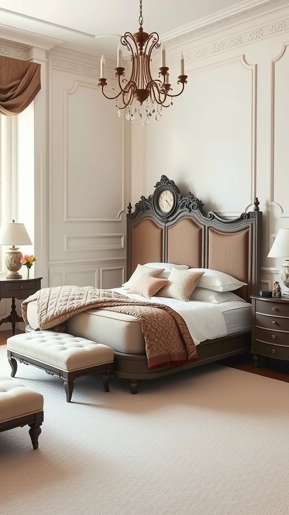 A traditional corner bed with an ornate headboard, elegant chandelier, and warm decor.