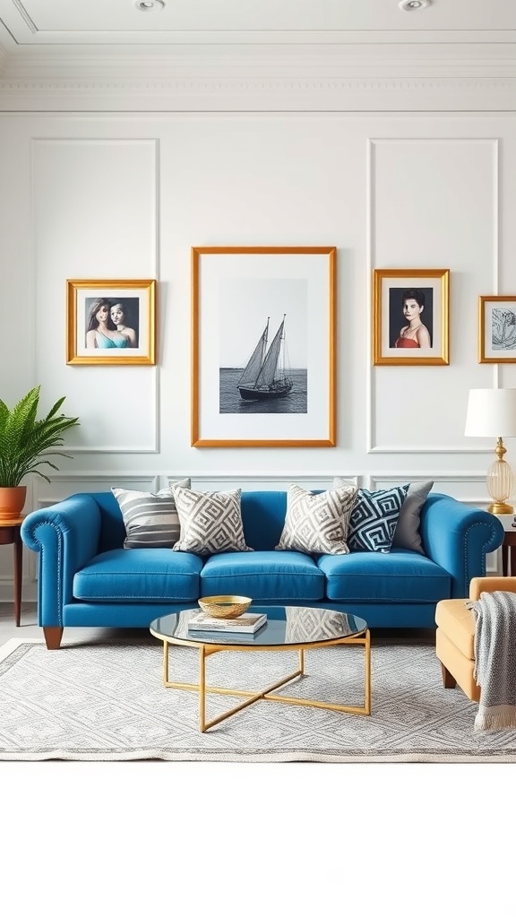 A stylish living room featuring a blue sofa, gold accents, and framed artwork.