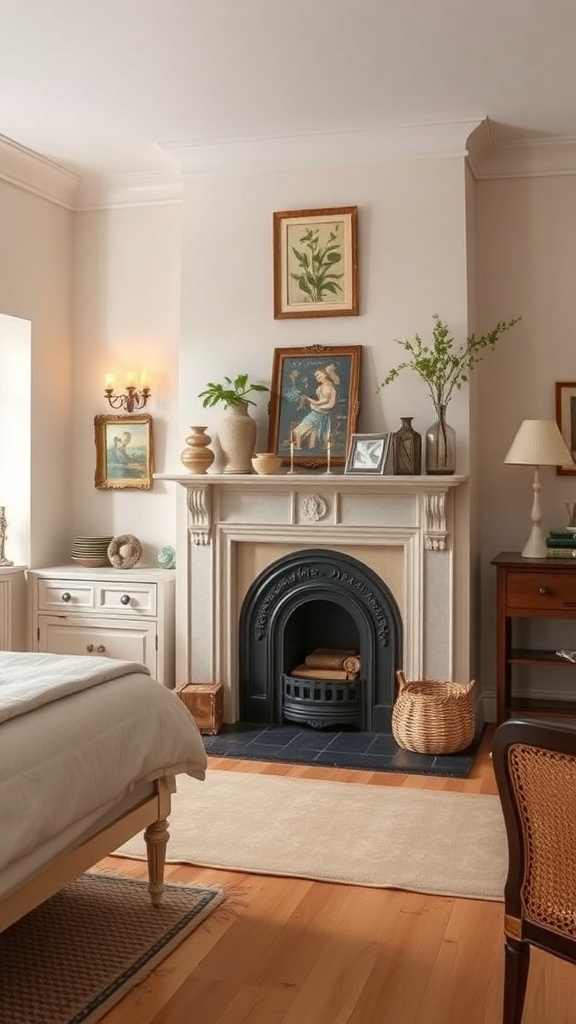 A cozy kitchen with a classic mantel, decorated with vases, framed art, and greenery, creating a warm and inviting atmosphere.