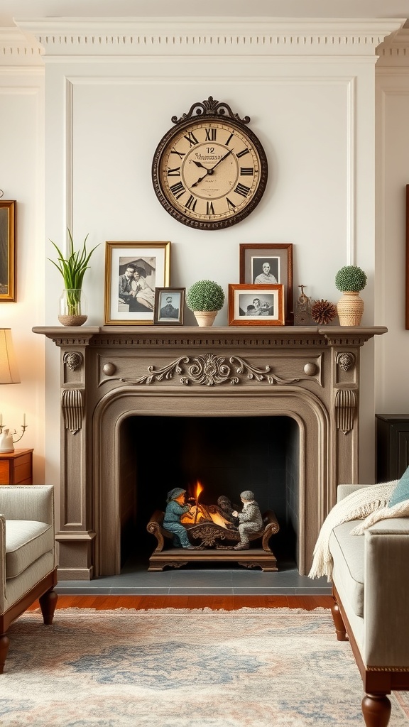 Traditional fireplace with a carved mantel, framed photos, a clock, and decorative plants.