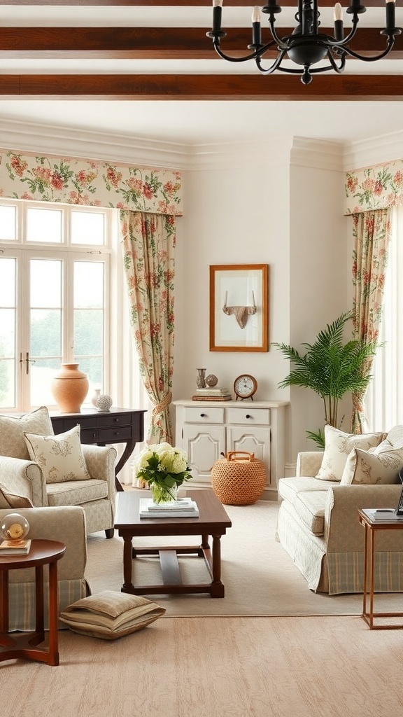 A traditional living room featuring floral patterned curtains and cushions, with light-colored furniture and natural light.