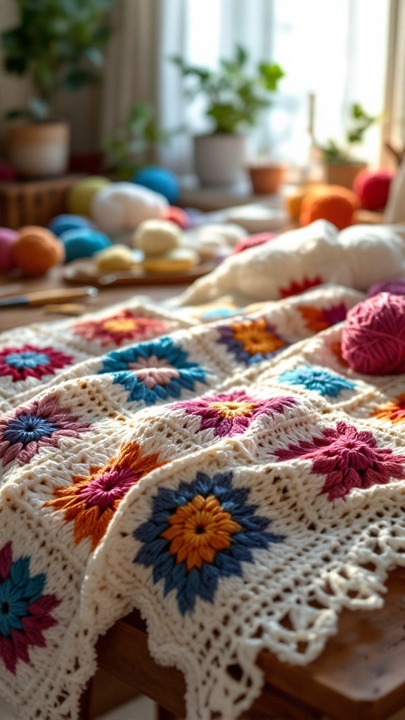 Colorful crochet granny square design with yarn balls in the background