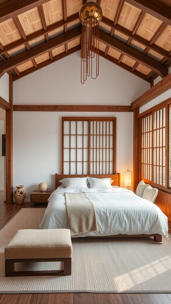 A traditional Hanok style bedroom featuring wooden beams, a simple bed with white bedding, and natural light coming through the windows.