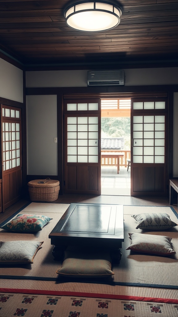 A traditional Korean room with floor seating, featuring a low wooden table and colorful cushions on tatami mats.