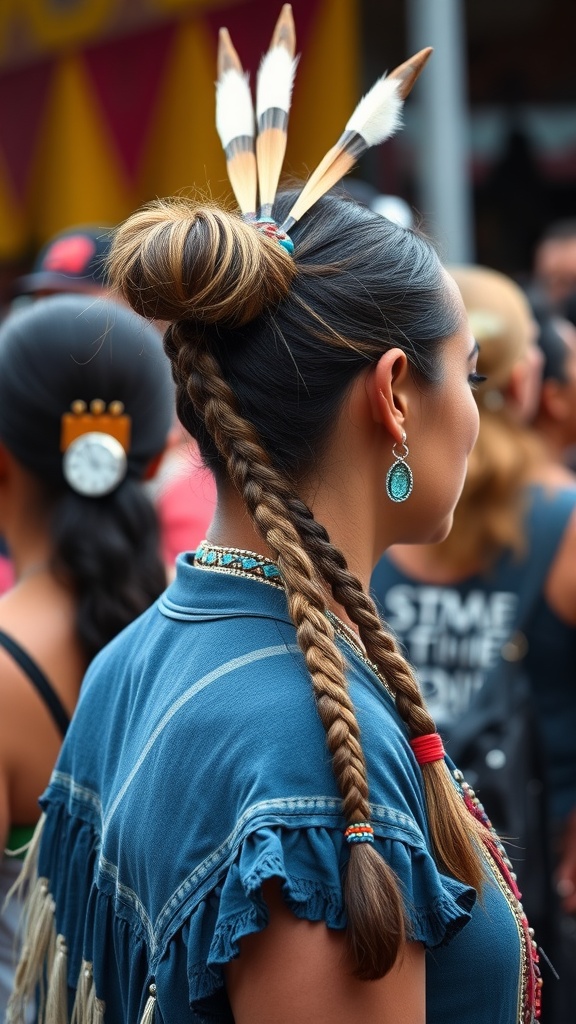 A woman with traditional Native American hairstyle featuring a bun and braids, adorned with feathers and beads.
