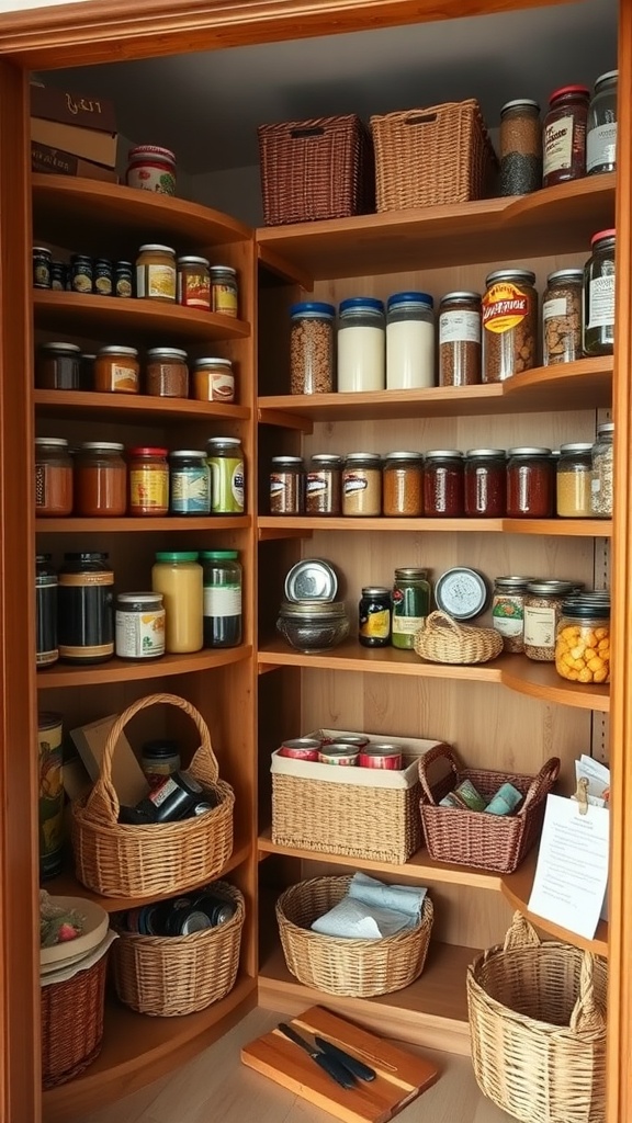 A well-organized farmhouse pantry with jars, baskets, and canisters on wooden shelves