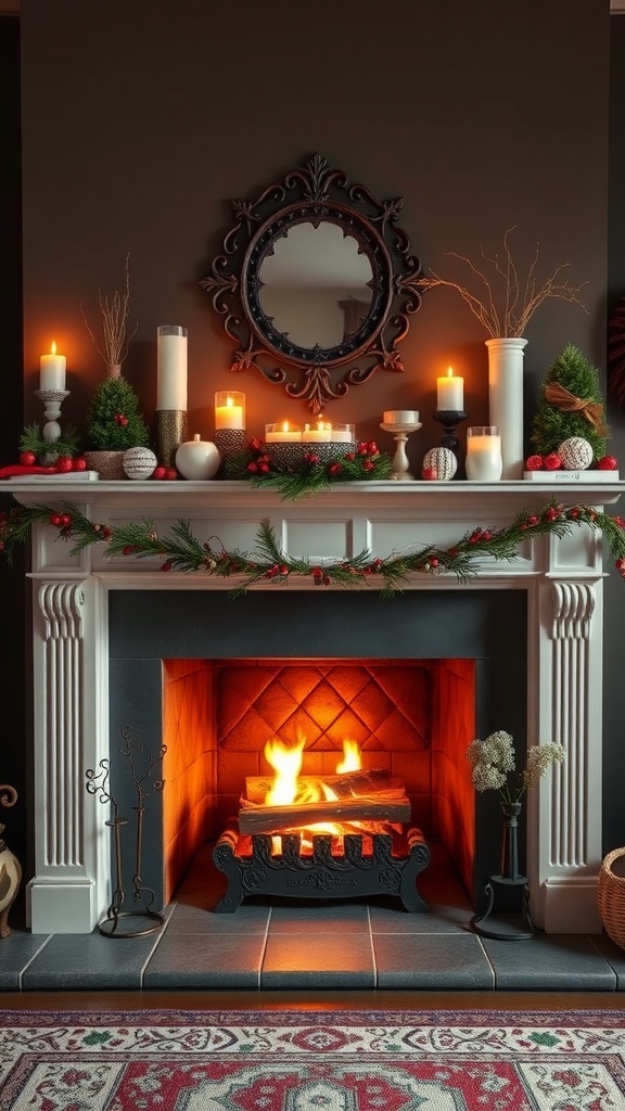 A traditional style fireplace with a decorated mantel, featuring candles, greenery, and a mirror
