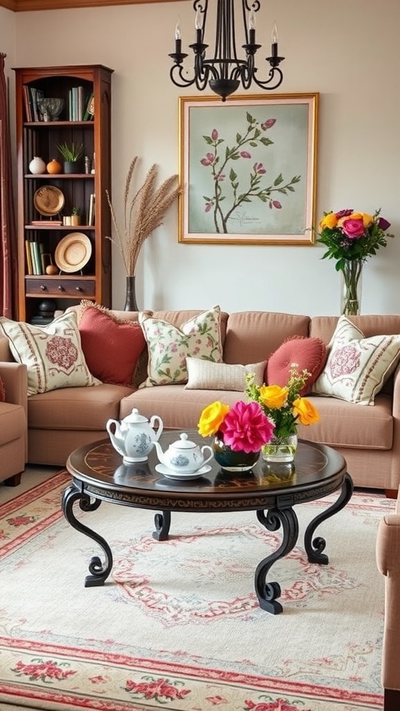 Traditional tea table setup with a dark wooden table, teapot, cups, and fresh flowers in a cozy living room.