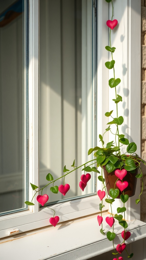 A Trailing String of Hearts plant with heart-shaped leaves and pink accents, cascading down a window.