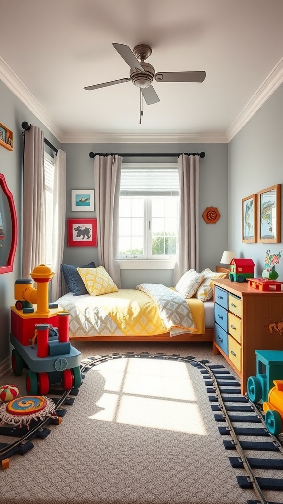 A bright and cheerful preschooler bedroom with train-themed decor and a cozy bed.