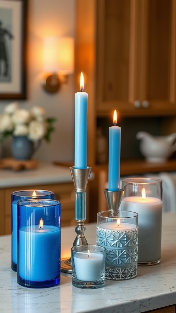 Tranquil blue candles and holders on a bathroom countertop