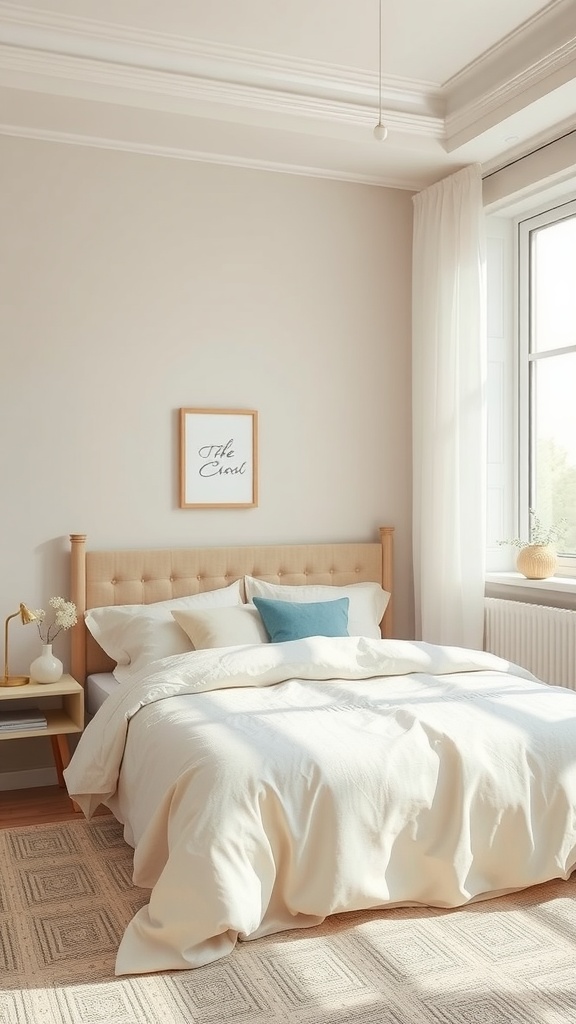 A serene master bedroom with soft beige walls, light bedding, and a touch of blue in the pillow.