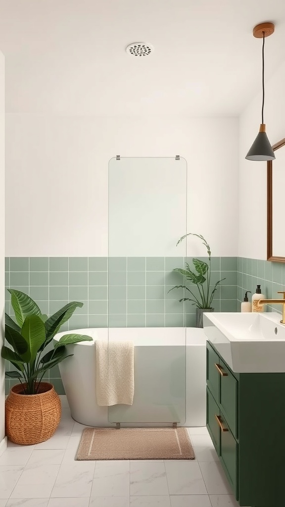 A modern bathroom featuring a green color palette with plants, a bathtub, and stylish fixtures.