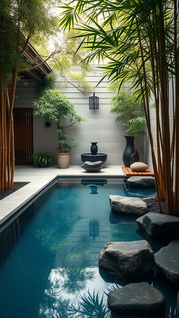 A tranquil Zen garden pool area with bamboo plants, stones, and a peaceful atmosphere.