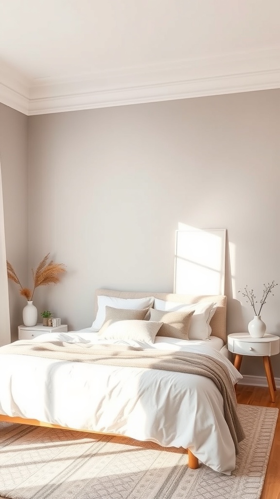A bright and airy bedroom with neutral walls, a cozy bed, and natural light.