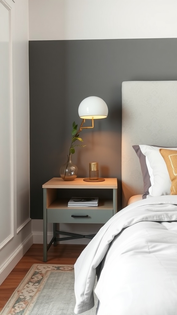 A contemporary nightstand next to a bed, featuring a lamp, decorative items, and drawer storage.