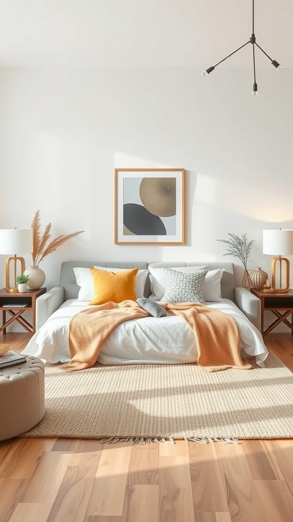A modern bedroom featuring a transformable sofa bed with colorful cushions and a cozy blanket.