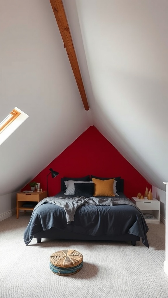 A cozy attic bedroom with a red accent wall, angled ceilings, and stylish decor.