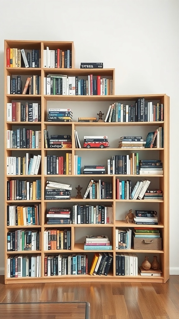 A modern corner bookshelf filled with books and decorative items.
