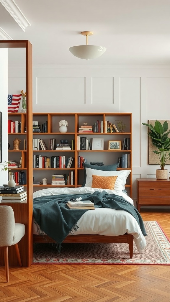 A stylish bedroom featuring a bookcase as a room divider, showcasing a cozy sleeping area with a bed and chair.