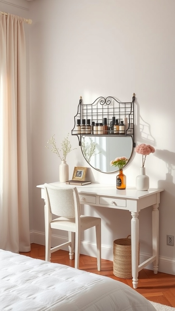 A stylish makeup organizer made from a spice rack, featuring various beauty products above a white desk with a mirror.